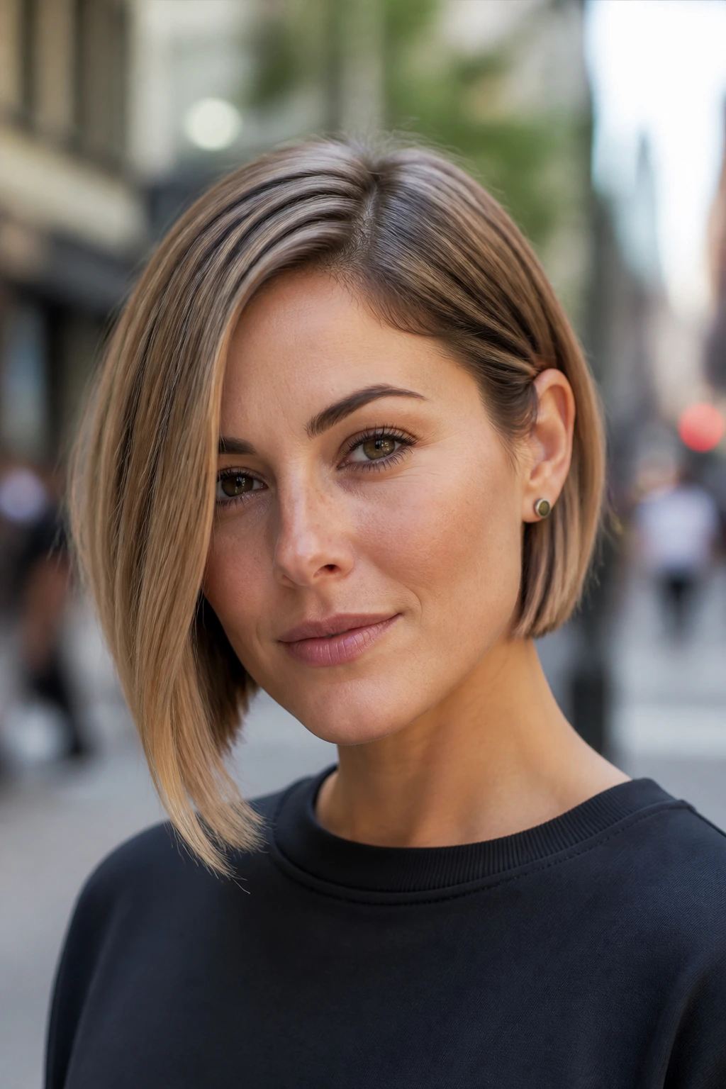 Portrait of a woman with an asymmetrical chin-length bob, one side longer, creating a diagonal silhouette.