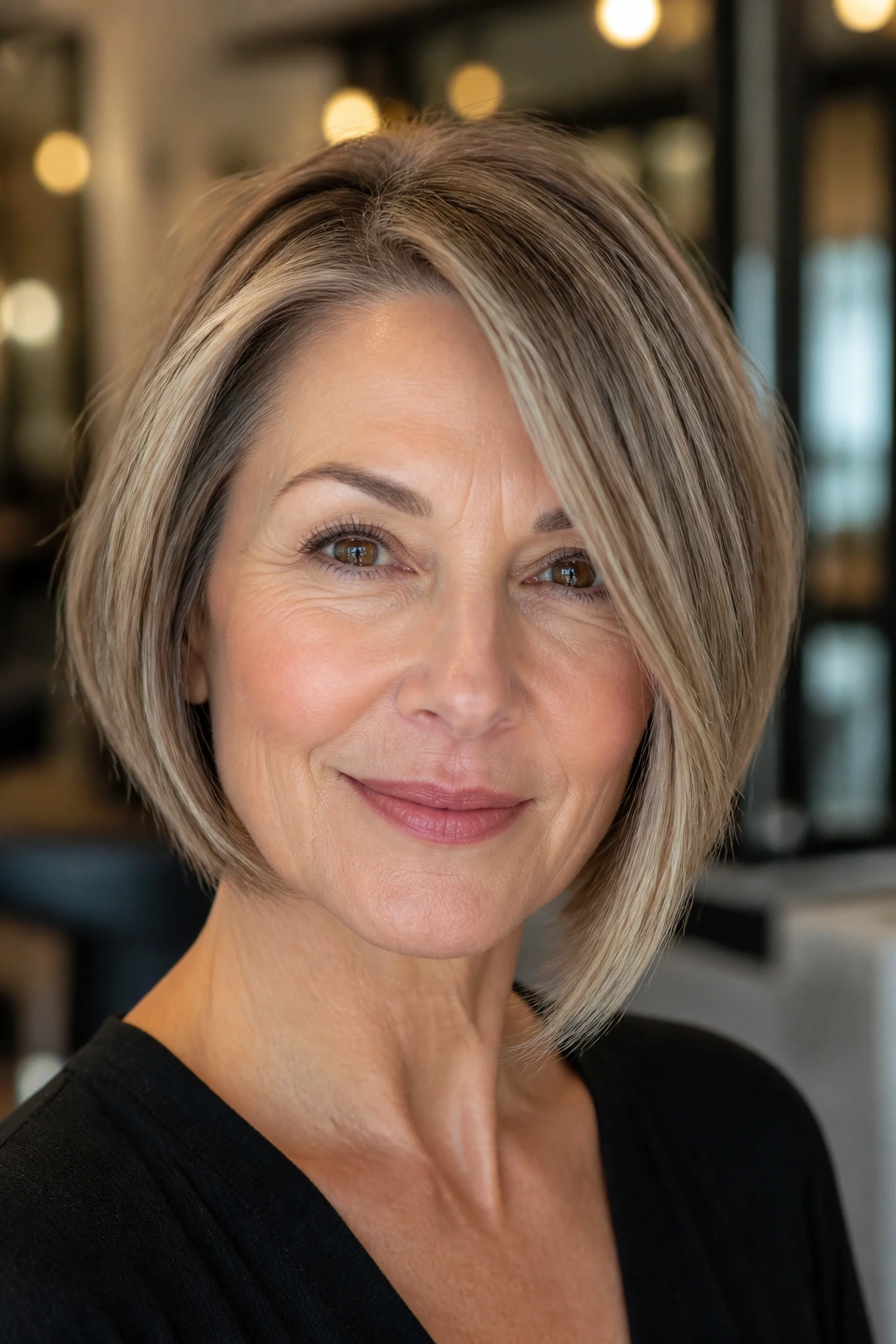 Real woman with subtle asymmetrical chin-length cut.