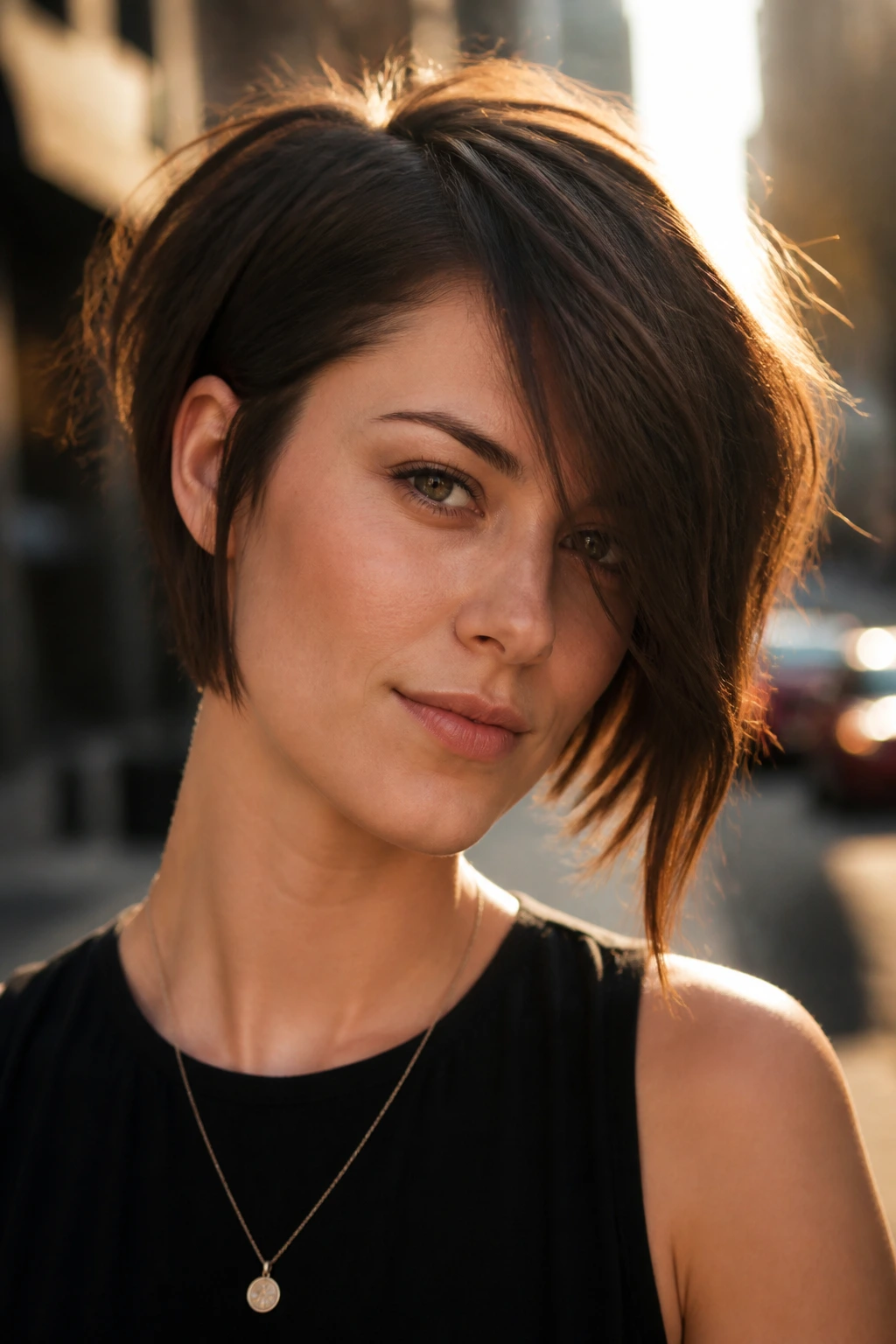 Close-up of a real person with an asymmetrical choppy bob.