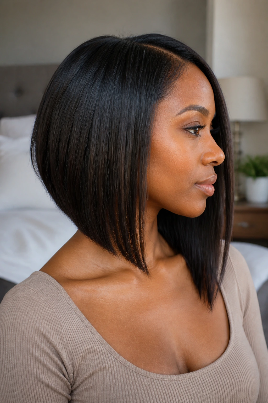 Profile portrait of a real Black woman with an asymmetrical collarbone cut showing subtle length difference.