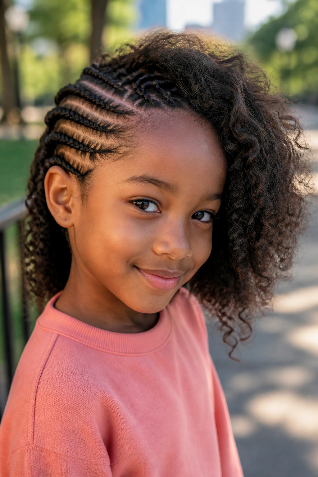 Close-up portrait of a real girl with asymmetrical side cornrows to one ear