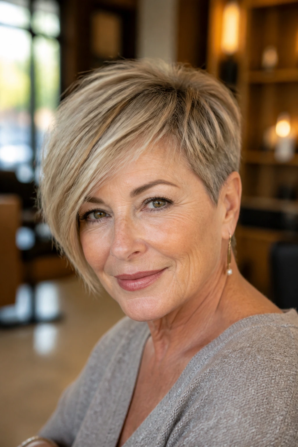 Close-up portrait of a real woman with an asymmetrical crop hairstyle in warm salon light