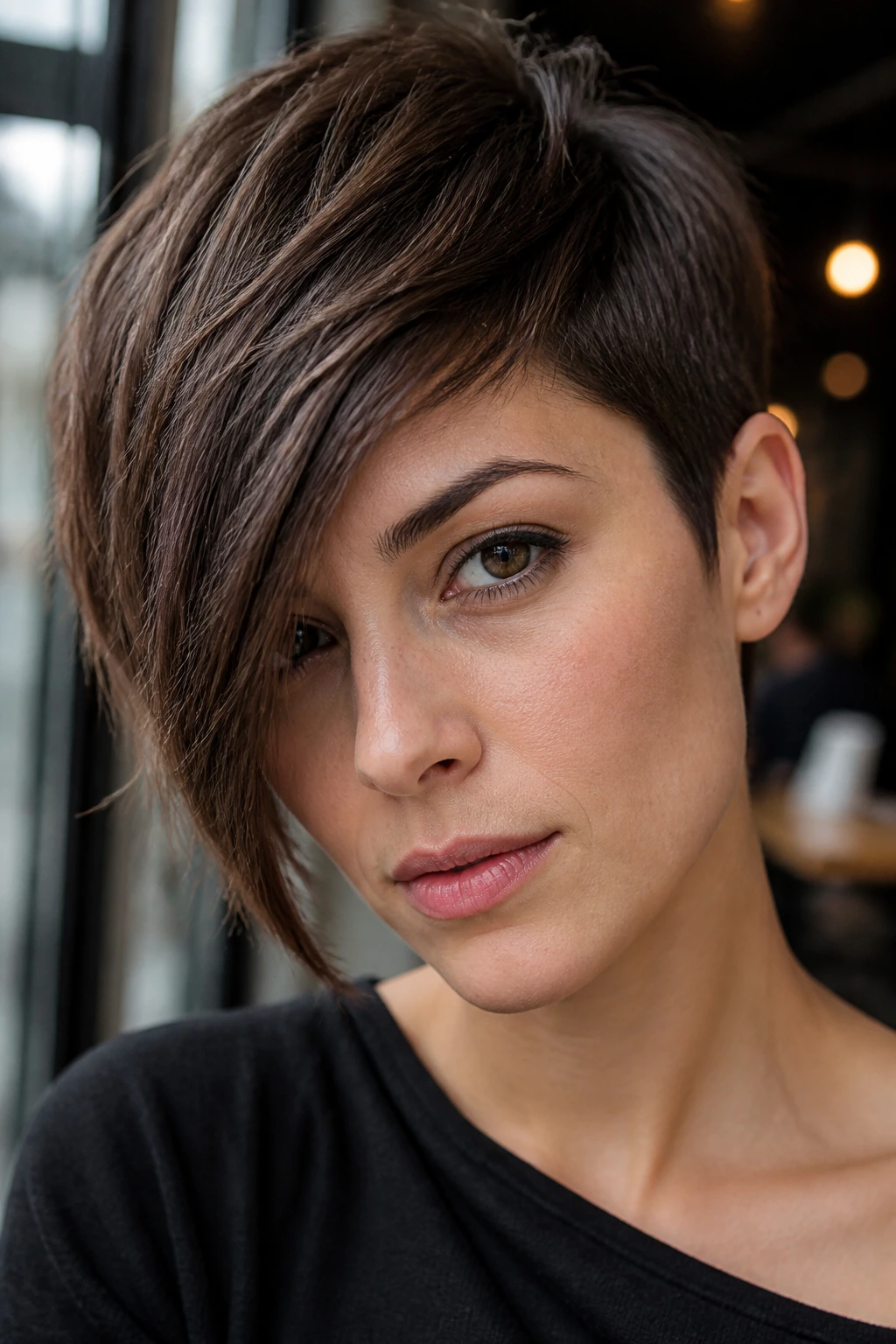 Close-up of a real person with an asymmetrical crop sweep fringe at a cafe