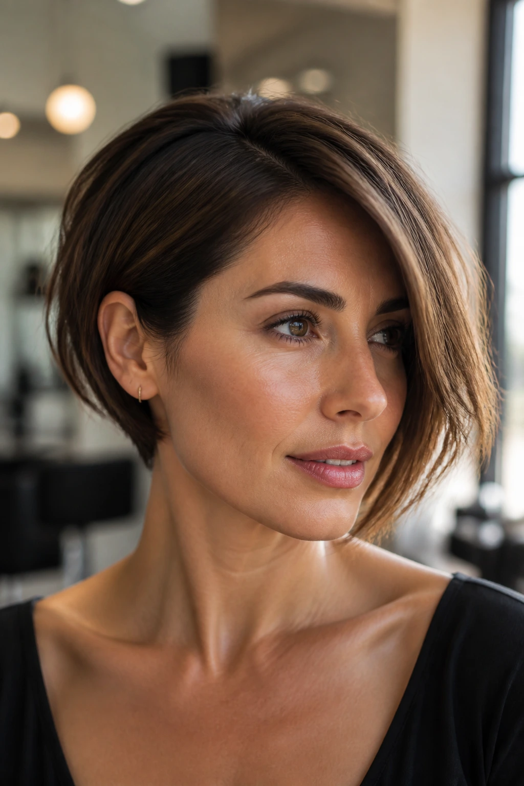 Close-up portrait of a real woman with an asymmetrical cropped bob in a sunlit salon.