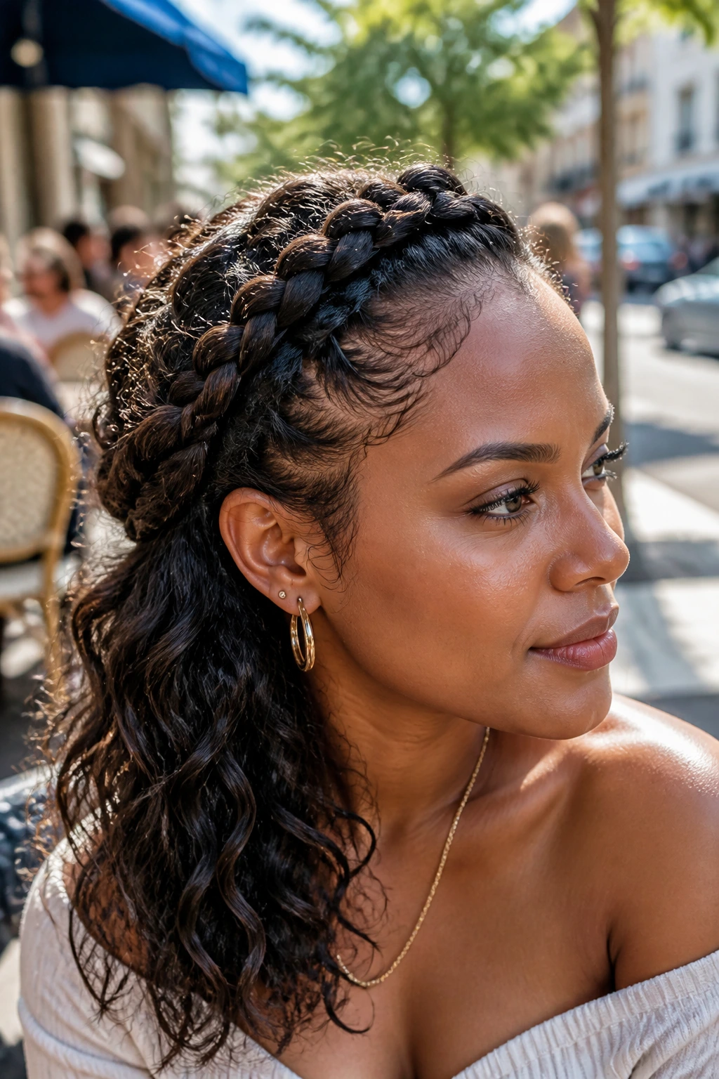 Close-up portrait of a real woman with asymmetrical crown braid