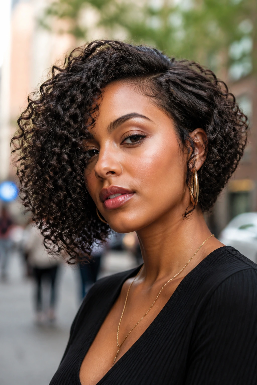 Portrait of a real woman with an asymmetrical curl bob