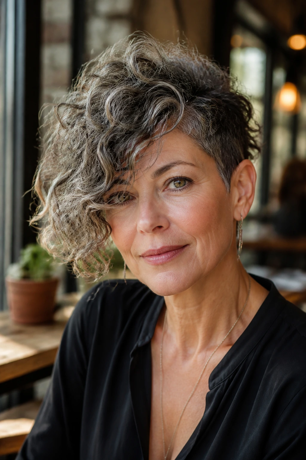 Portrait of woman with asymmetrical sweep-forward curl crop in urban natural light