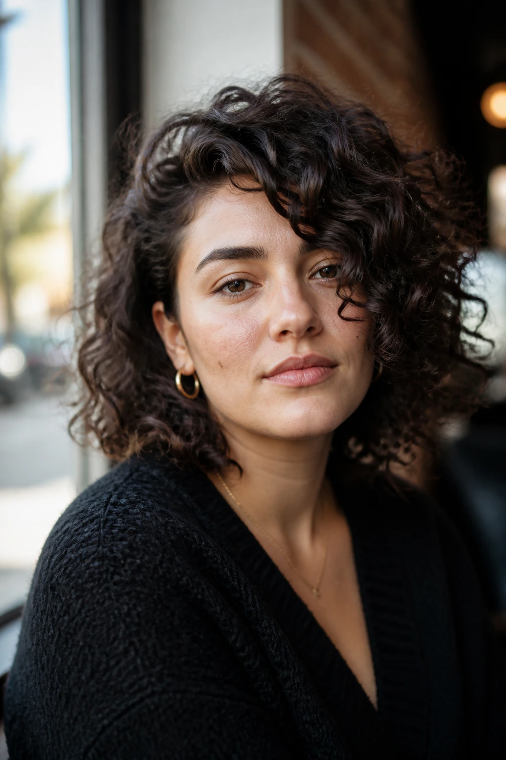 Close-up of real person with asymmetrical curl cut.