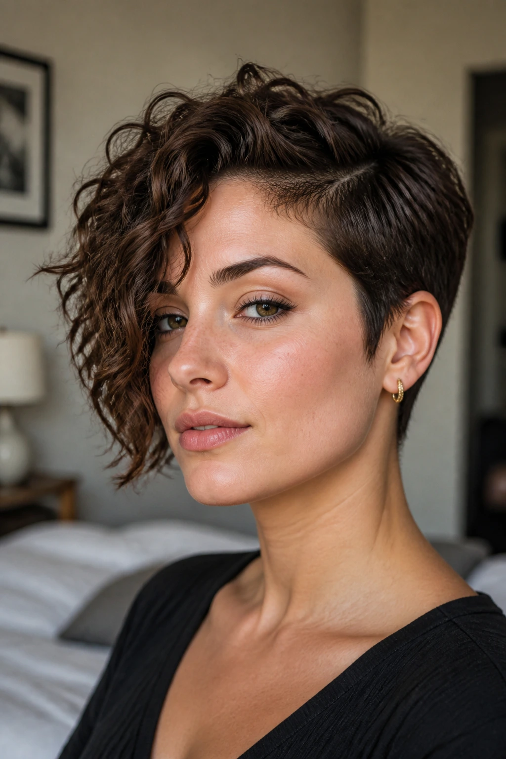 Portrait of a real person with asymmetrical curl-forward pixie, longer side curving toward jaw