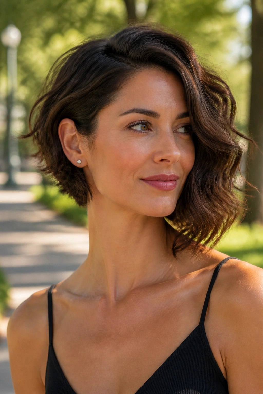 Real woman with asymmetrical curled bob in outdoor soft light.