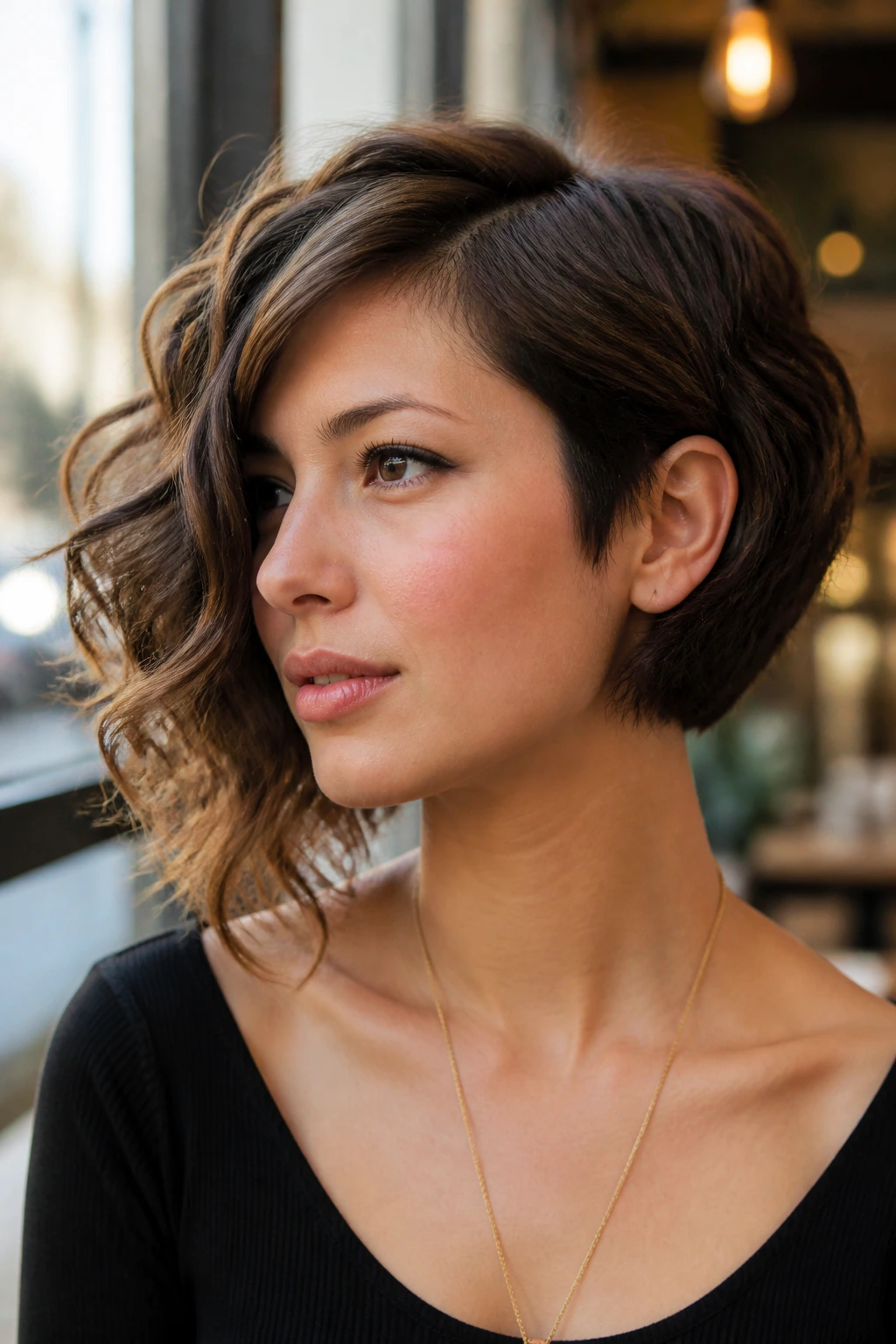 Close-up of a real person with asymmetrical curled bob and longer side.