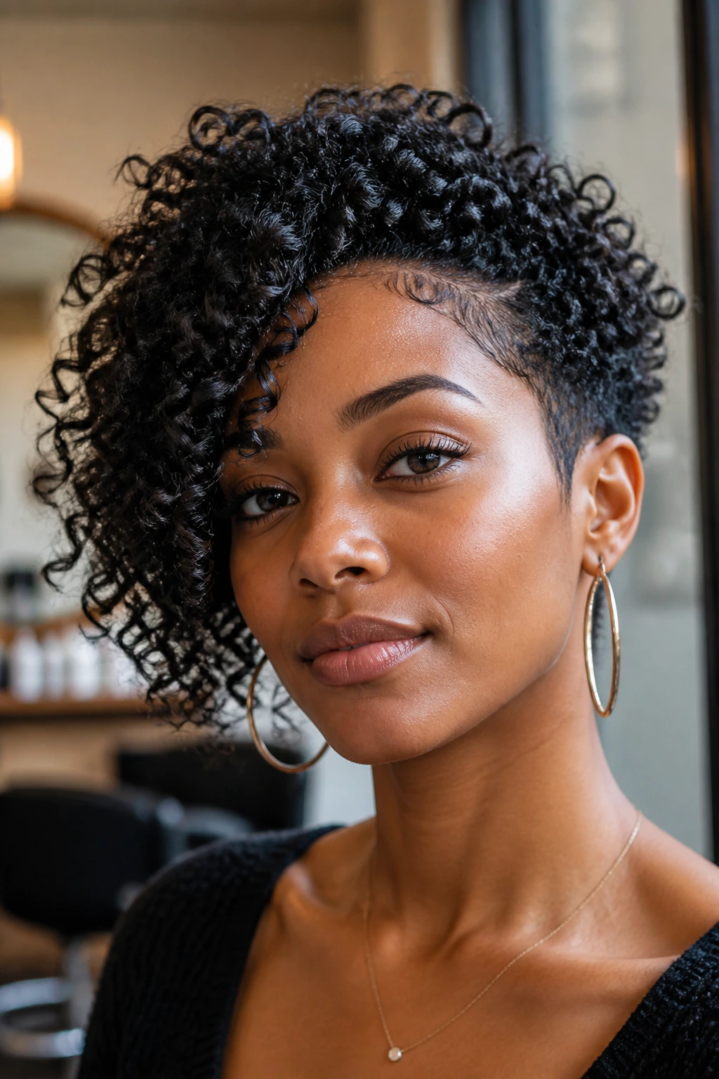 Close-up of a Black woman with an asymmetrical short curly haircut in a warm salon setting