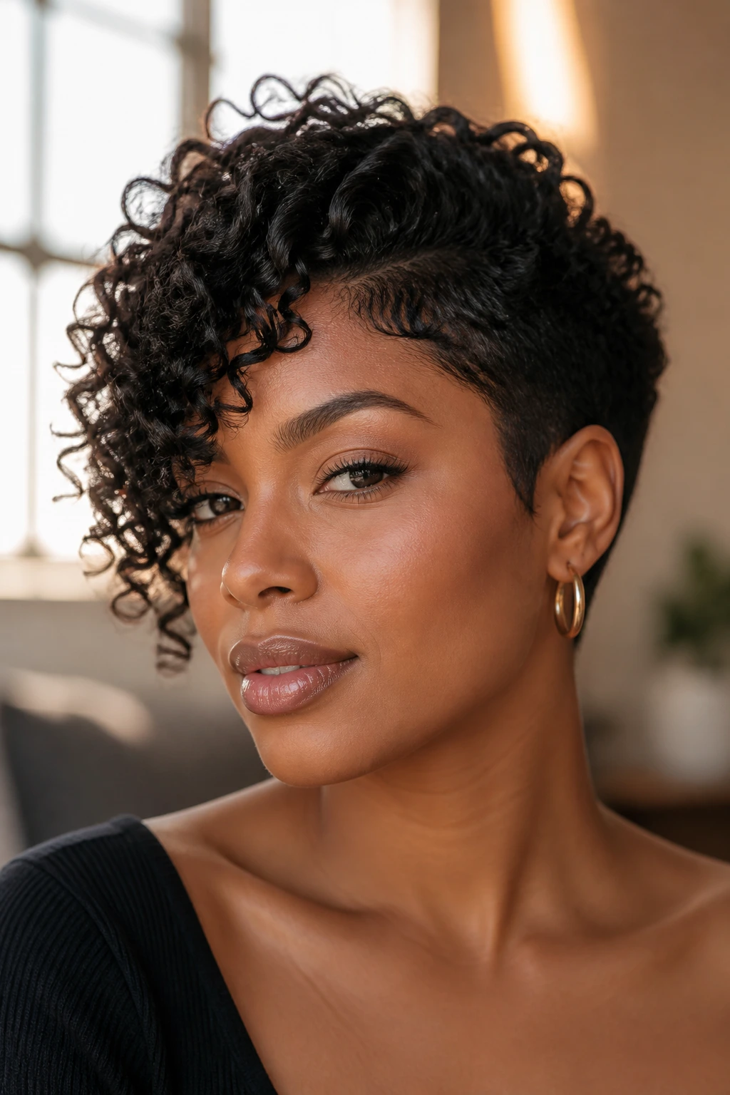 Portrait of a real woman with an asymmetrical short curly haircut, longer side at cheekbone.
