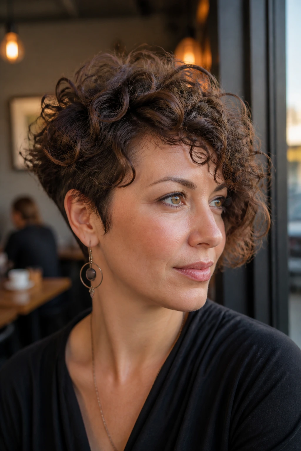 Close-up portrait of a real person with diagonal asymmetrical curly hairstyle in a warm cafe setting