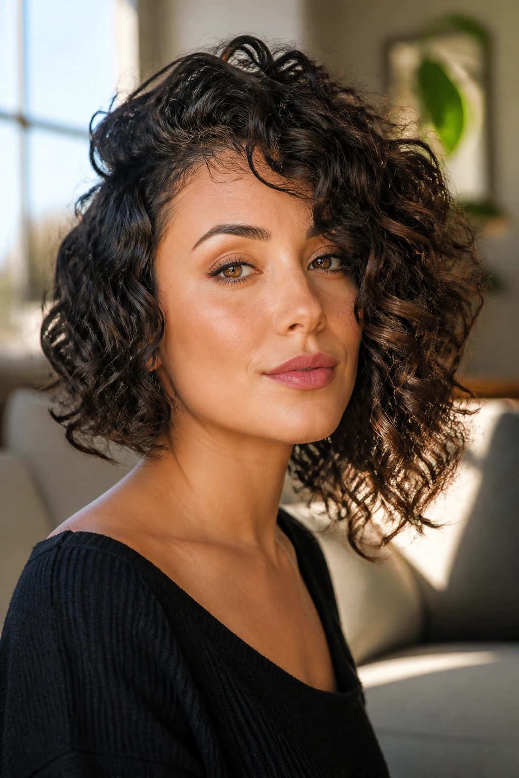 Close-up portrait of a woman with an asymmetrical curly cut, one side longer, curls framing face