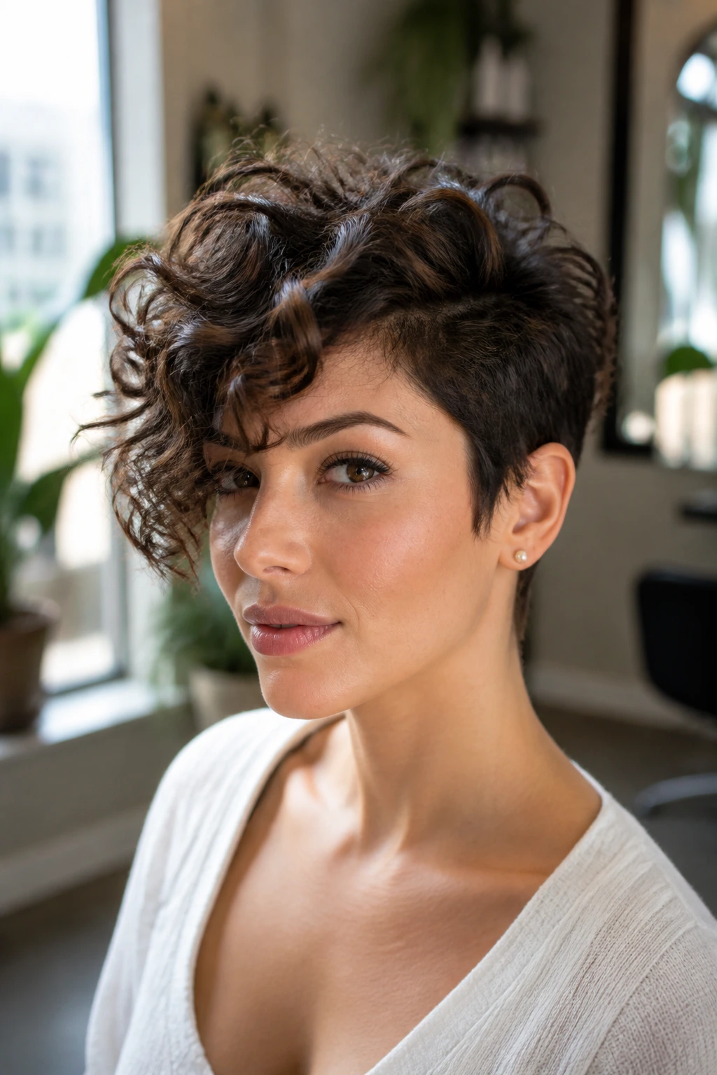 Close-up portrait of a woman with an asymmetrical short curly cut, longer section swept forward.