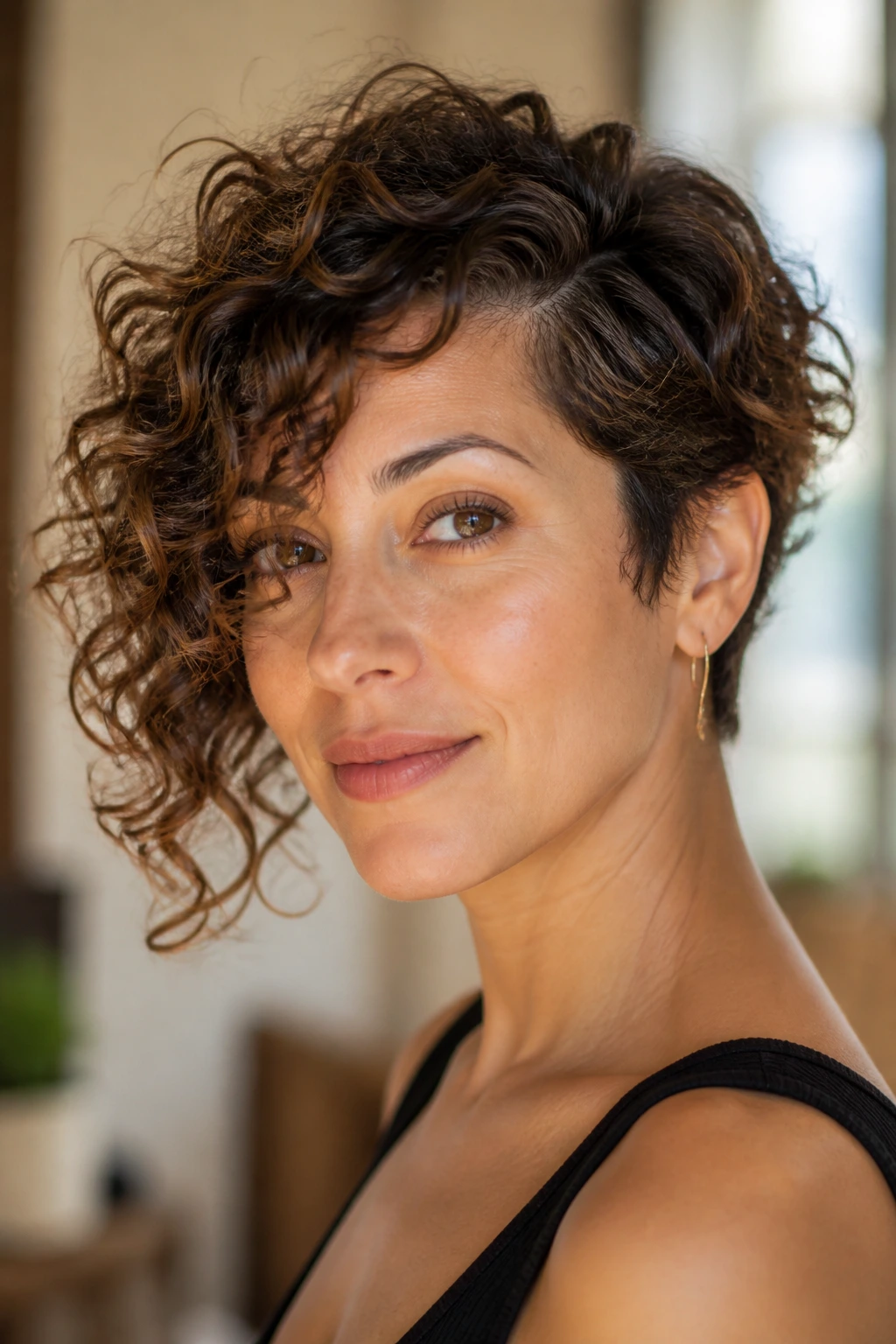 Real woman with asymmetrical curly cut showing variations like longer front, shorter back