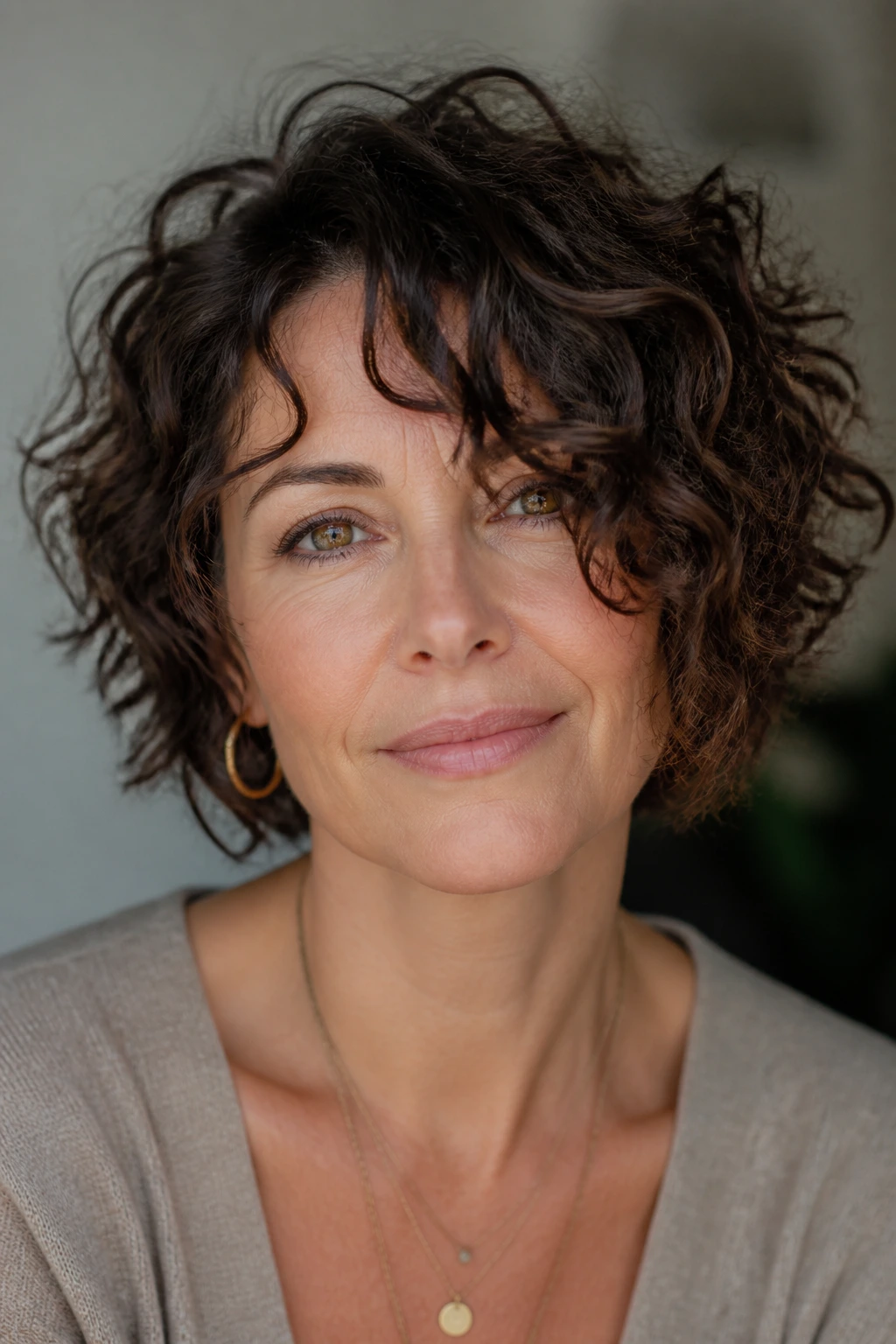 Close-up of a real woman with asymmetrical curly bangs, one side shorter.