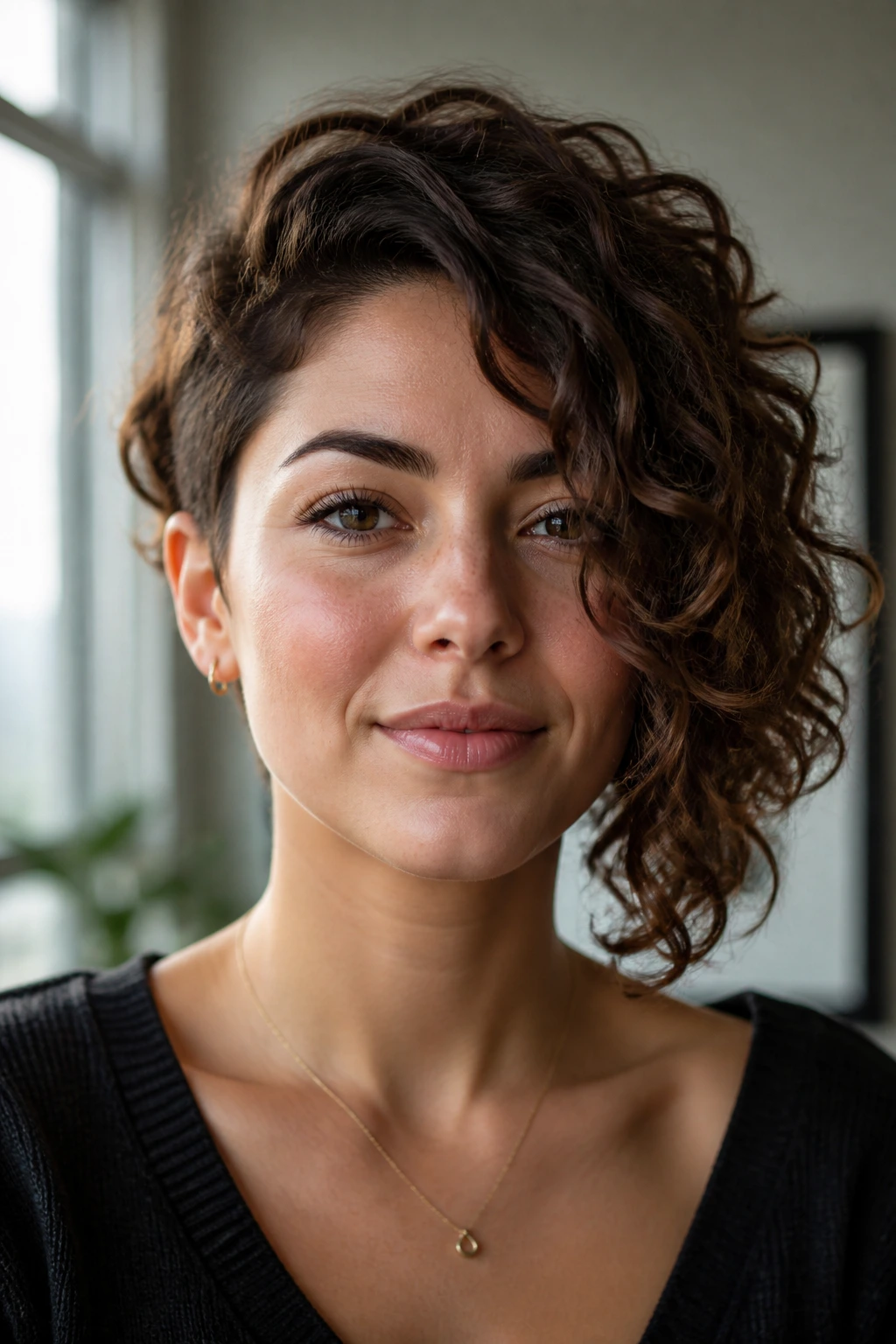 Real woman with asymmetrical curly bob, one side longer