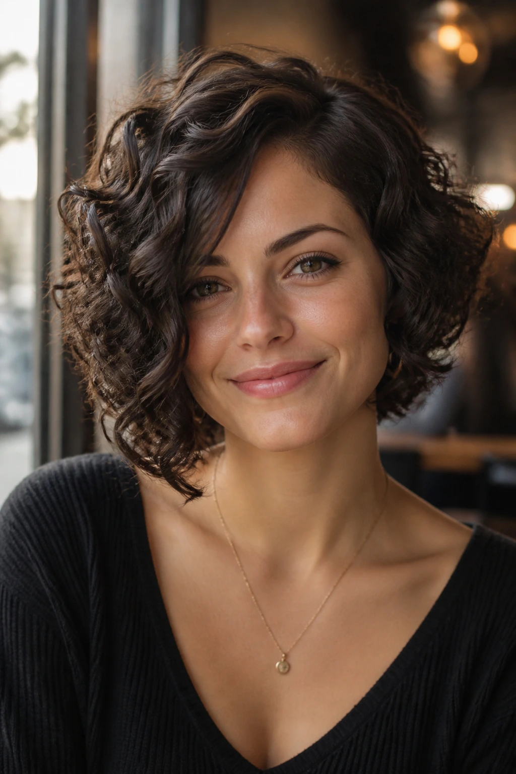Close-up of real woman's asymmetrical curly bob with diagonal length difference