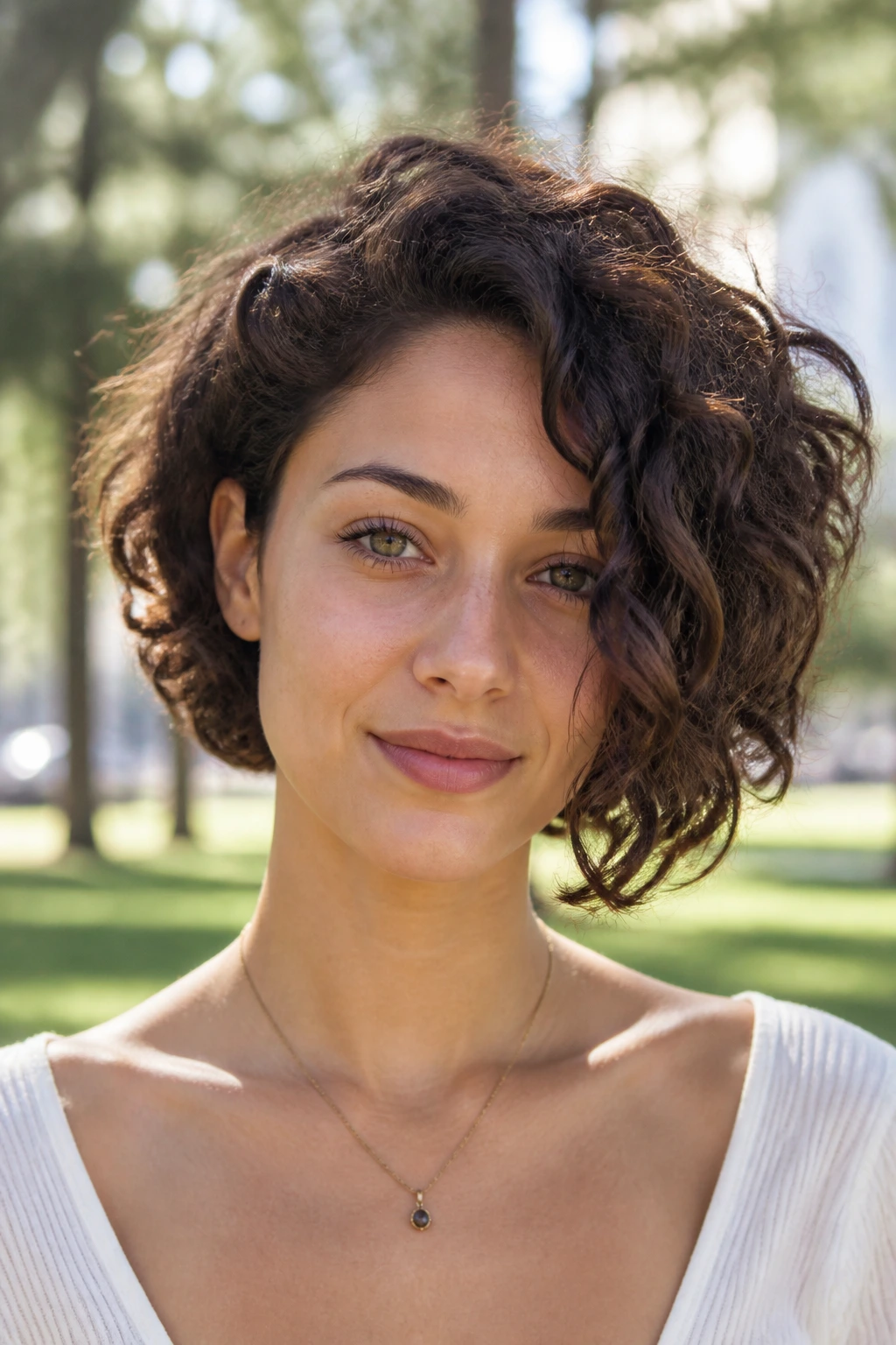 Close-up of a real woman with an asymmetrical curly bob on a heart-shaped face.
