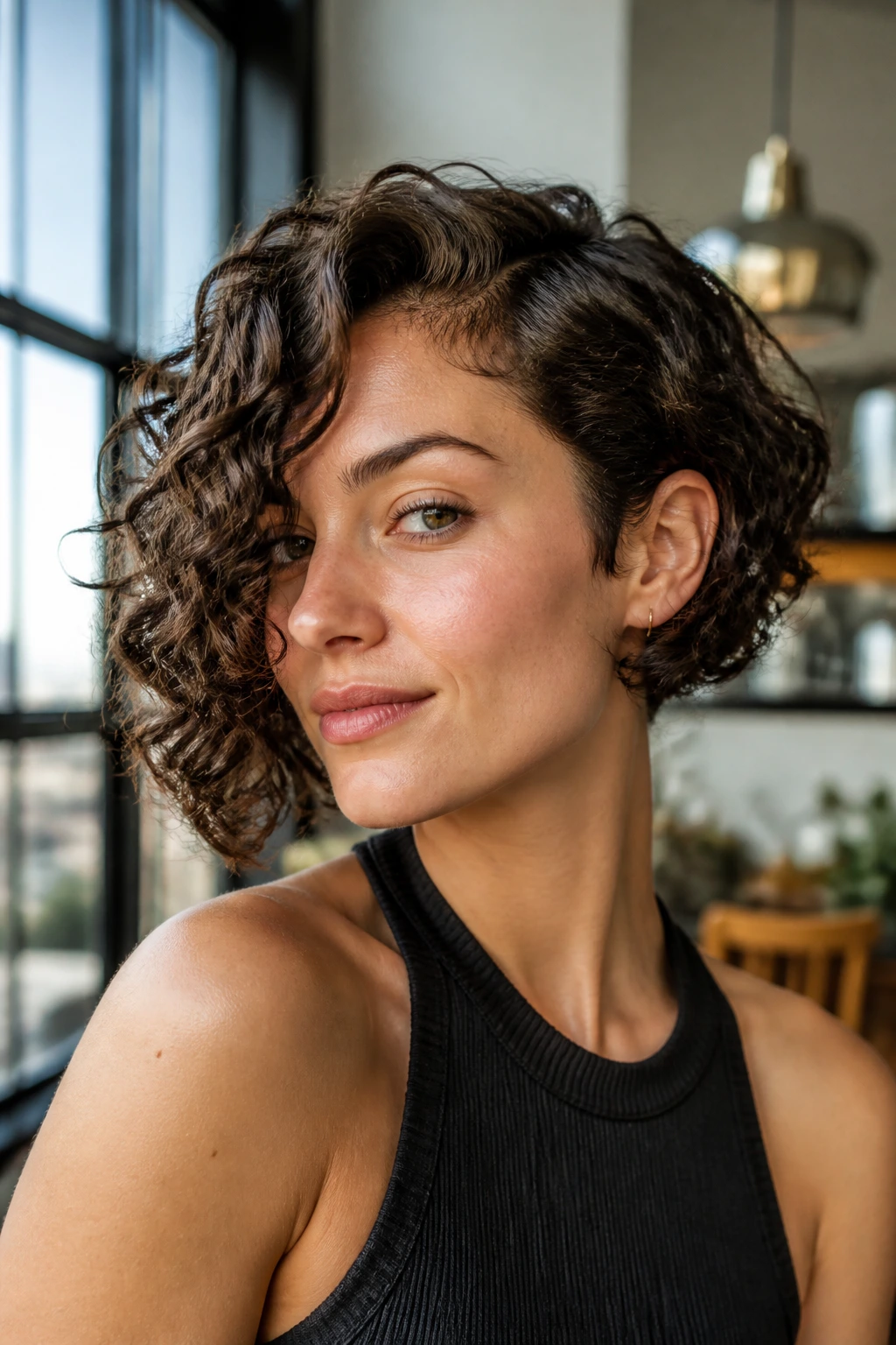 Close-up of a real person with an asymmetrical curly bob