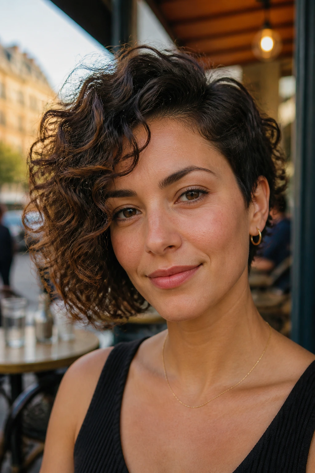 Close-up of a woman with an asymmetrical curly bob showing different lengths.