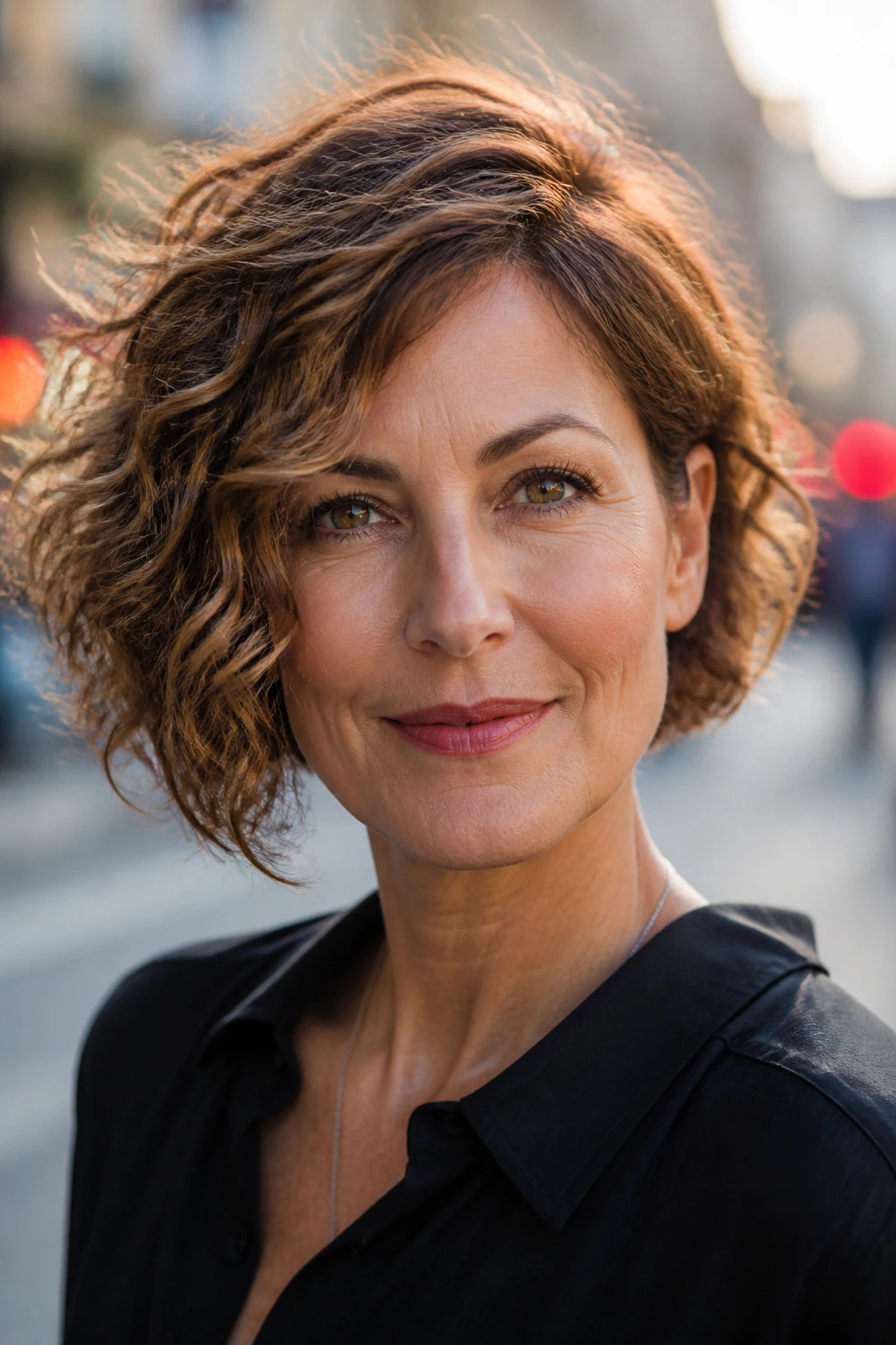 Close-up of a real woman with an asymmetrical curly bob against an urban backdrop