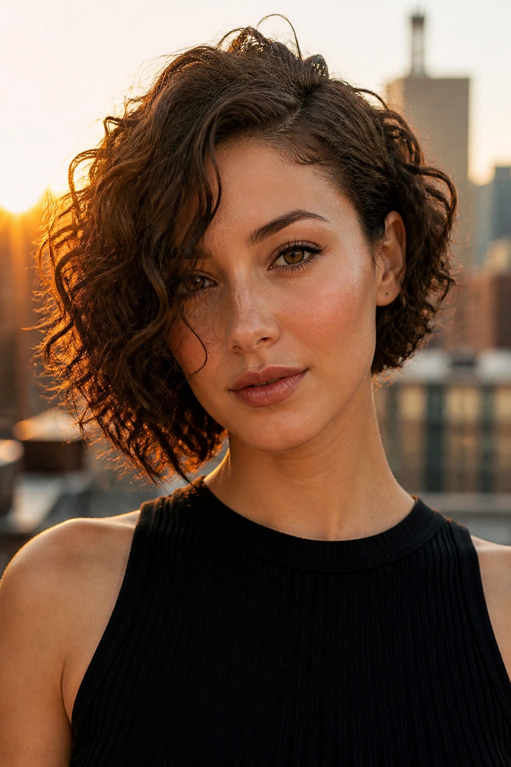 Real woman with a small asymmetry in a curly bob on a city rooftop at golden hour