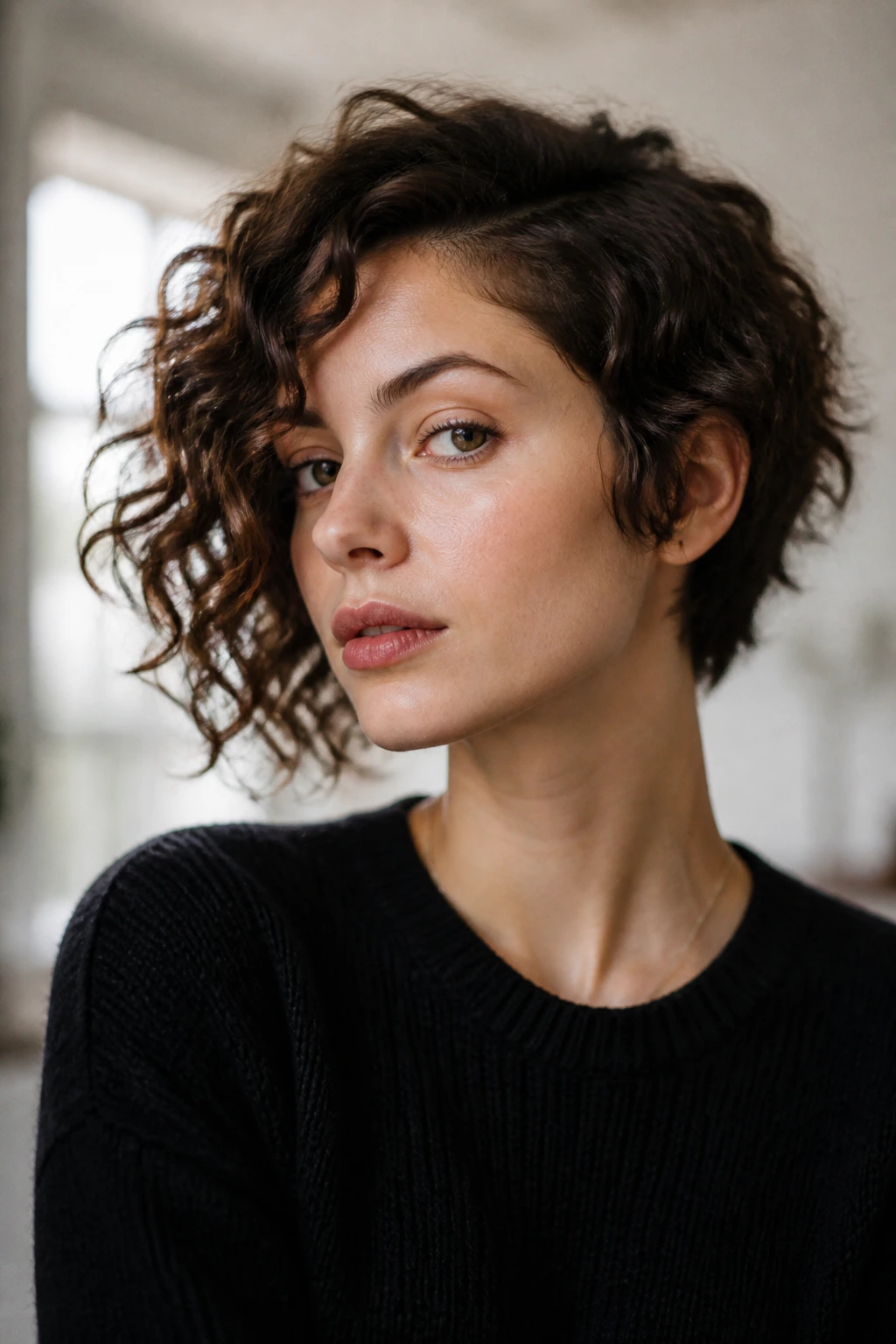 Close-up of a real woman with an asymmetrical curly bob hairstyle