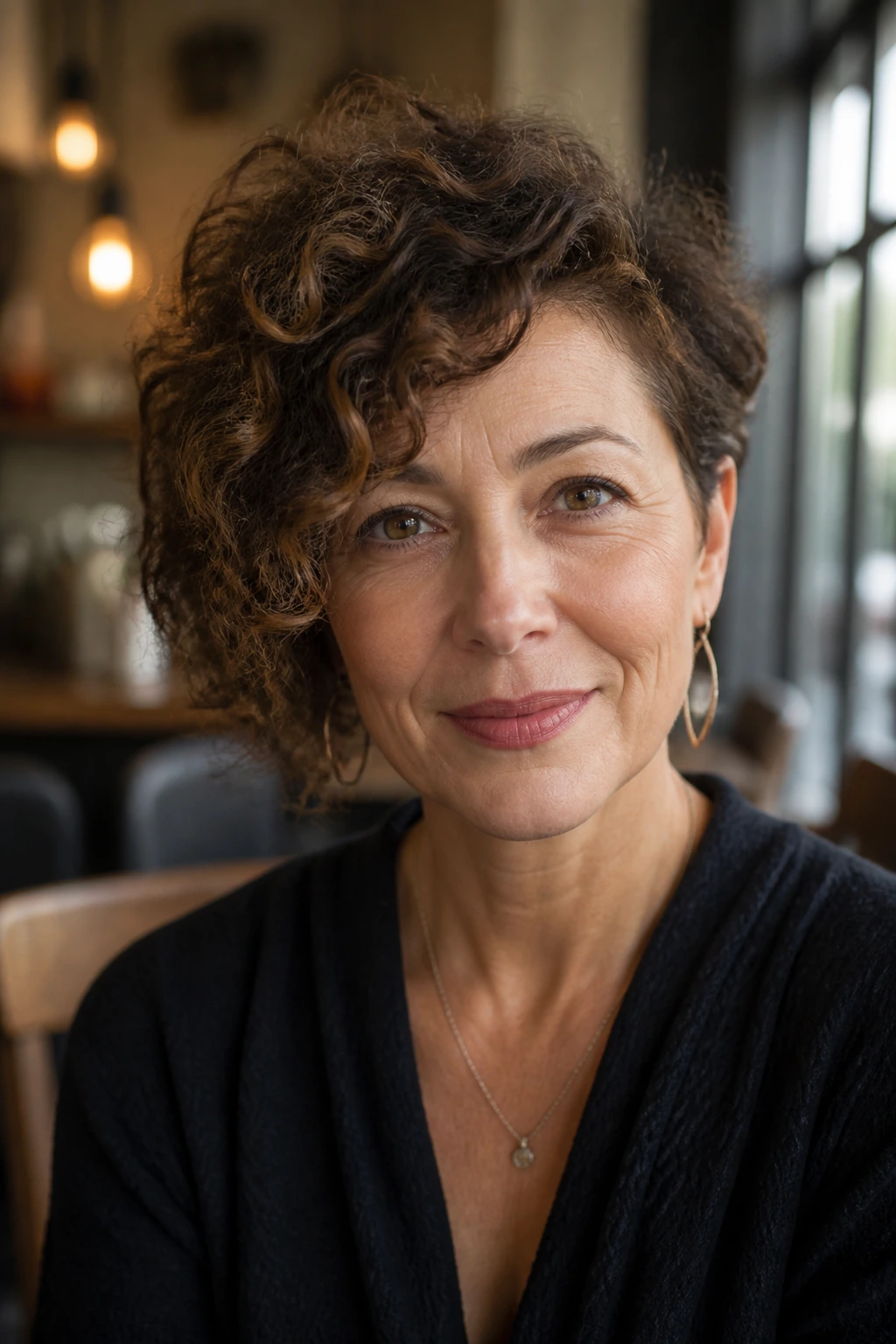 Close-up of a real woman with asymmetrical curly bob in a sunlit setting