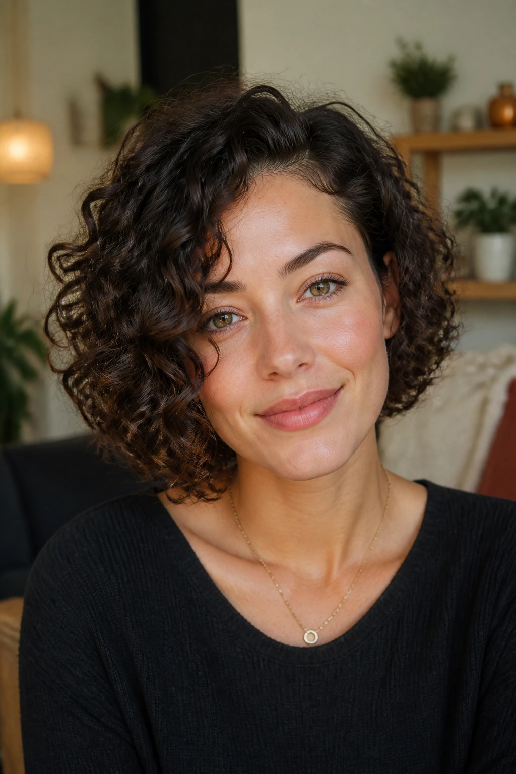 Woman with asymmetrical curly bob close-up portrait