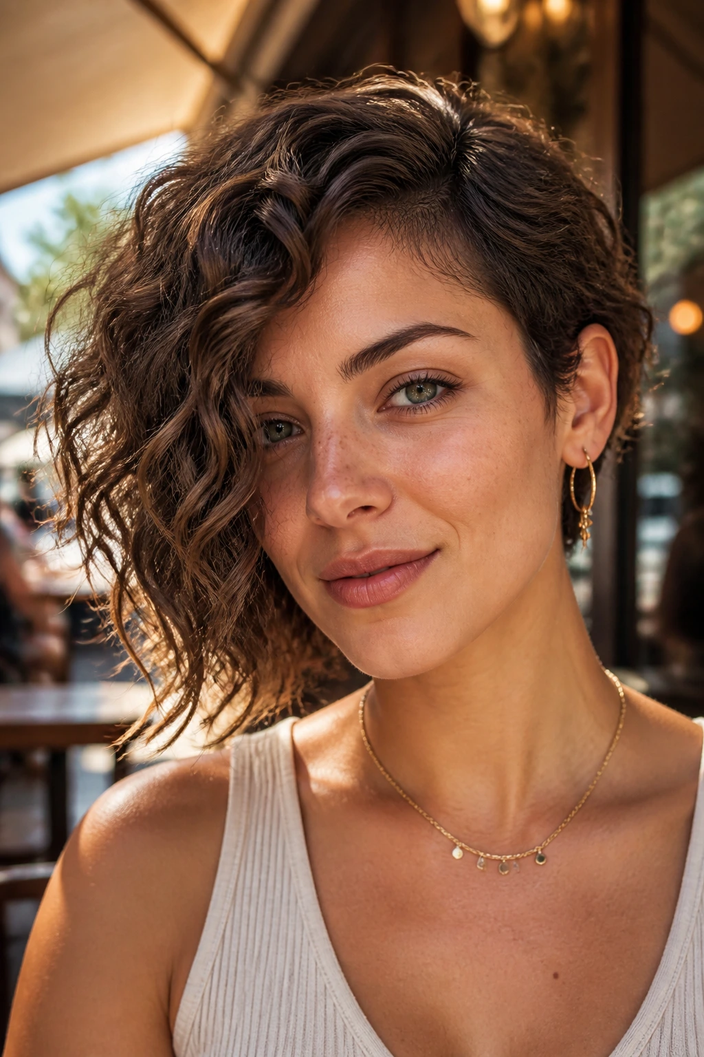Real woman portrait with an asymmetrical curly bob showing longer and shorter sides