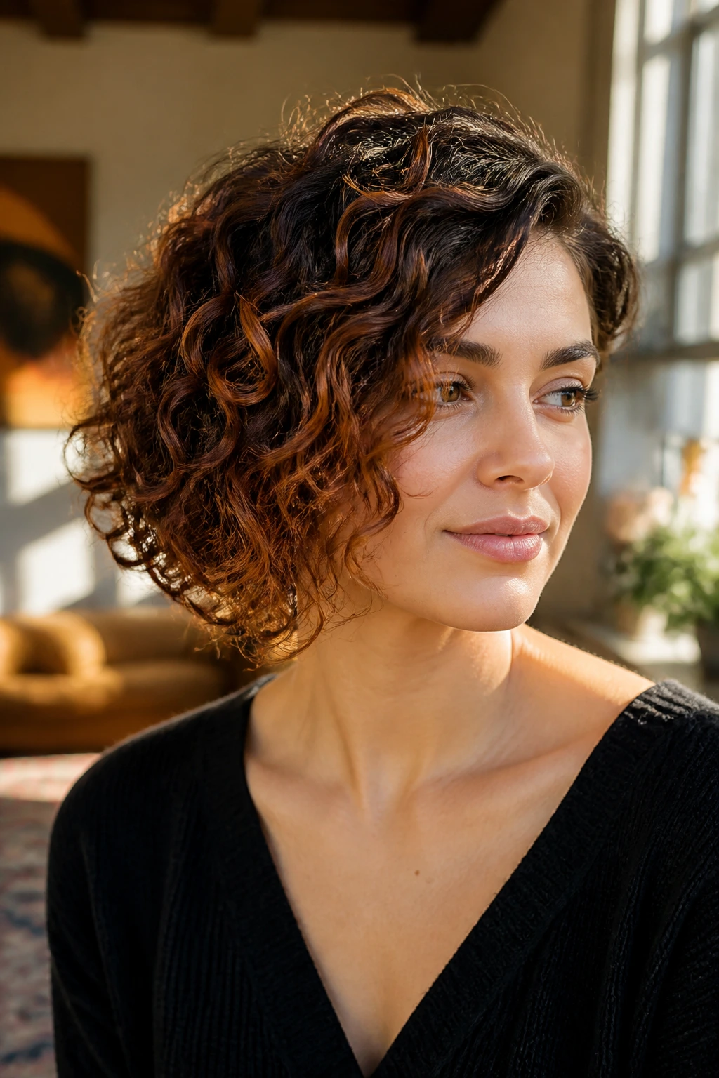 Close-up of Asymmetrical Curly Bob with Auburn Lowlights in warm living room light