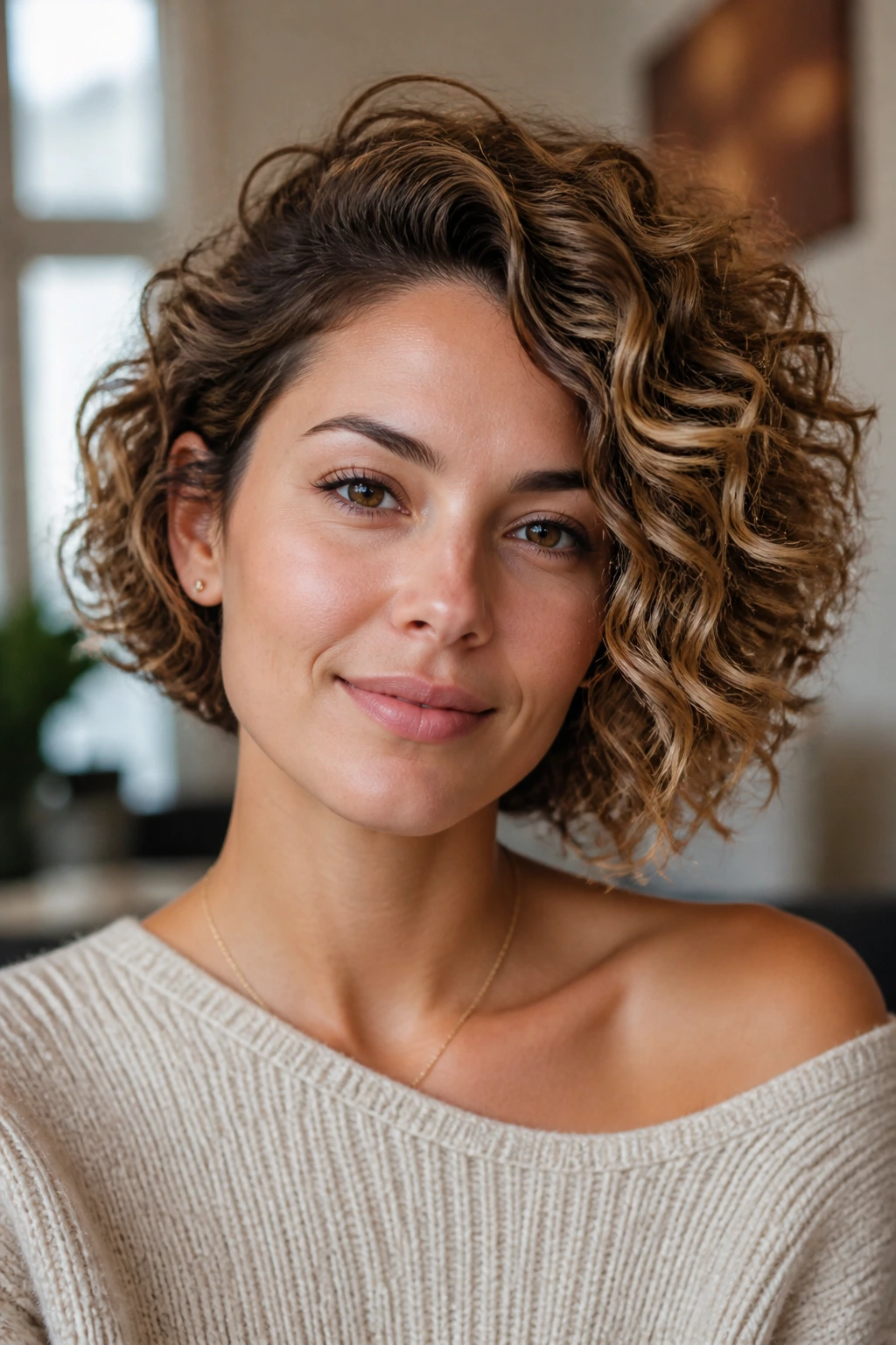 Close-up portrait of a real woman with an asymmetrical curly bob