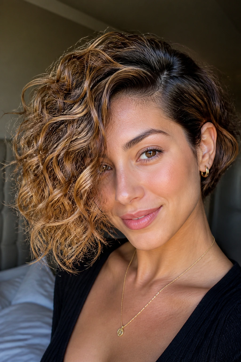 Close-up of a real woman with an asymmetrical curly bob and deep side part with babylights