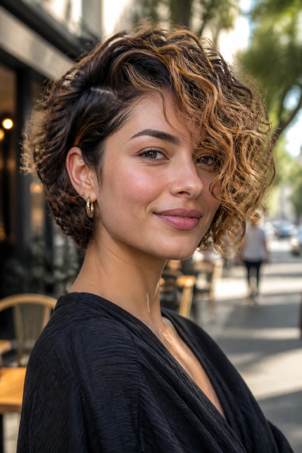 Portrait of a real woman with an asymmetrical curly bob and swept side highlights.