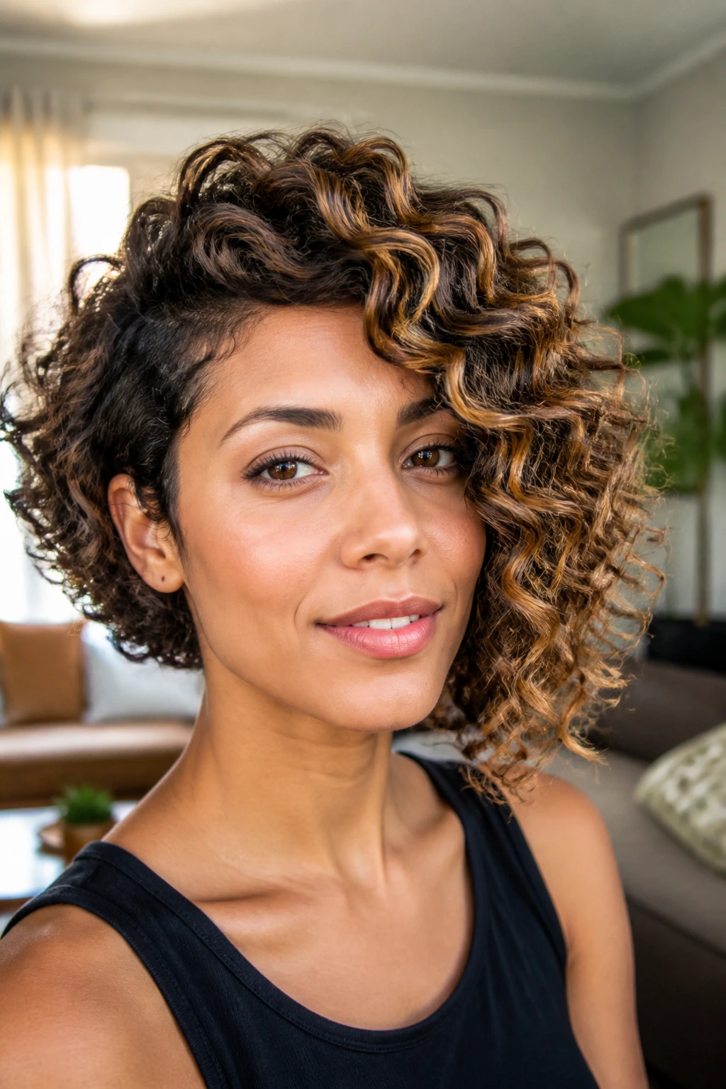 Close-up portrait of a real person with an asymmetrical curly bob and bright caramel slices.