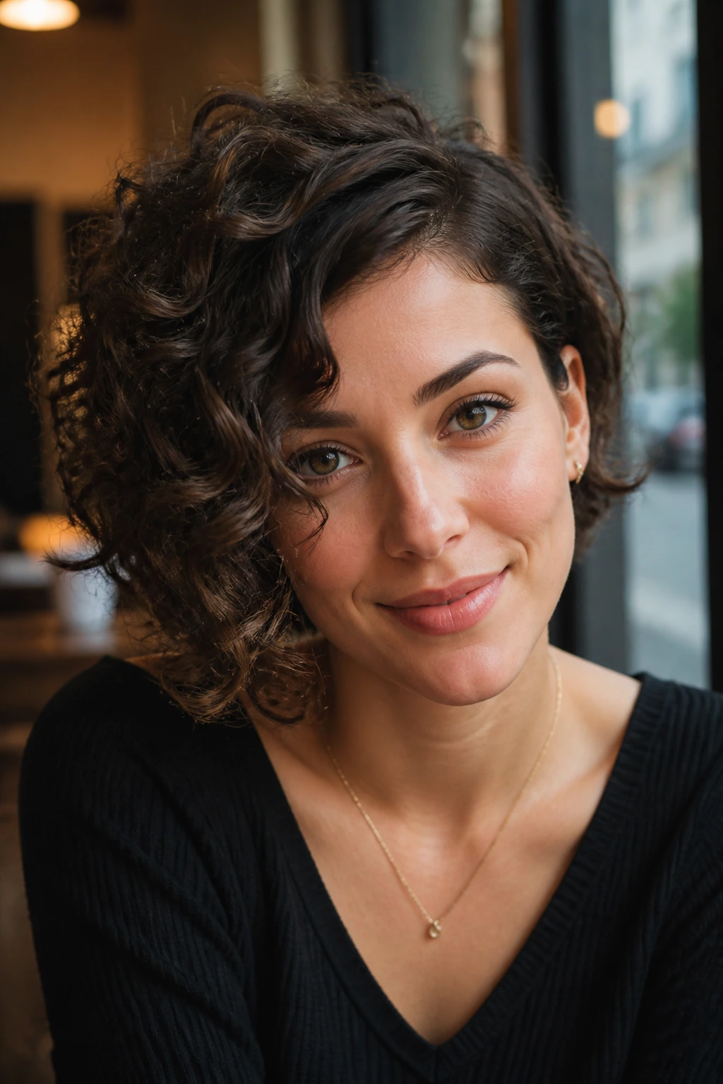 Close-up portrait of a real woman with asymmetrical curly bob showing slight length difference