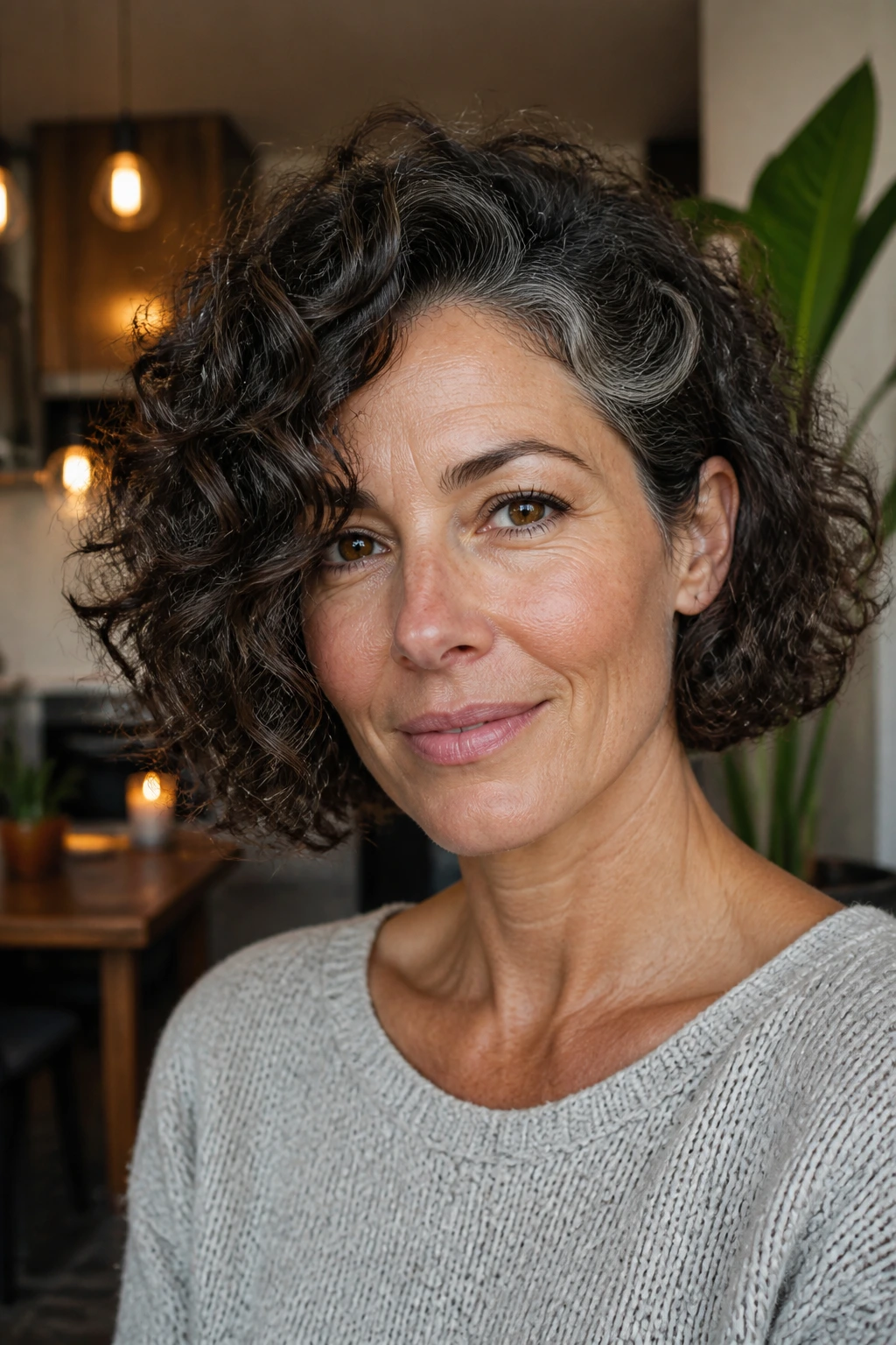 Close-up of a real woman with an asymmetrical curly bob