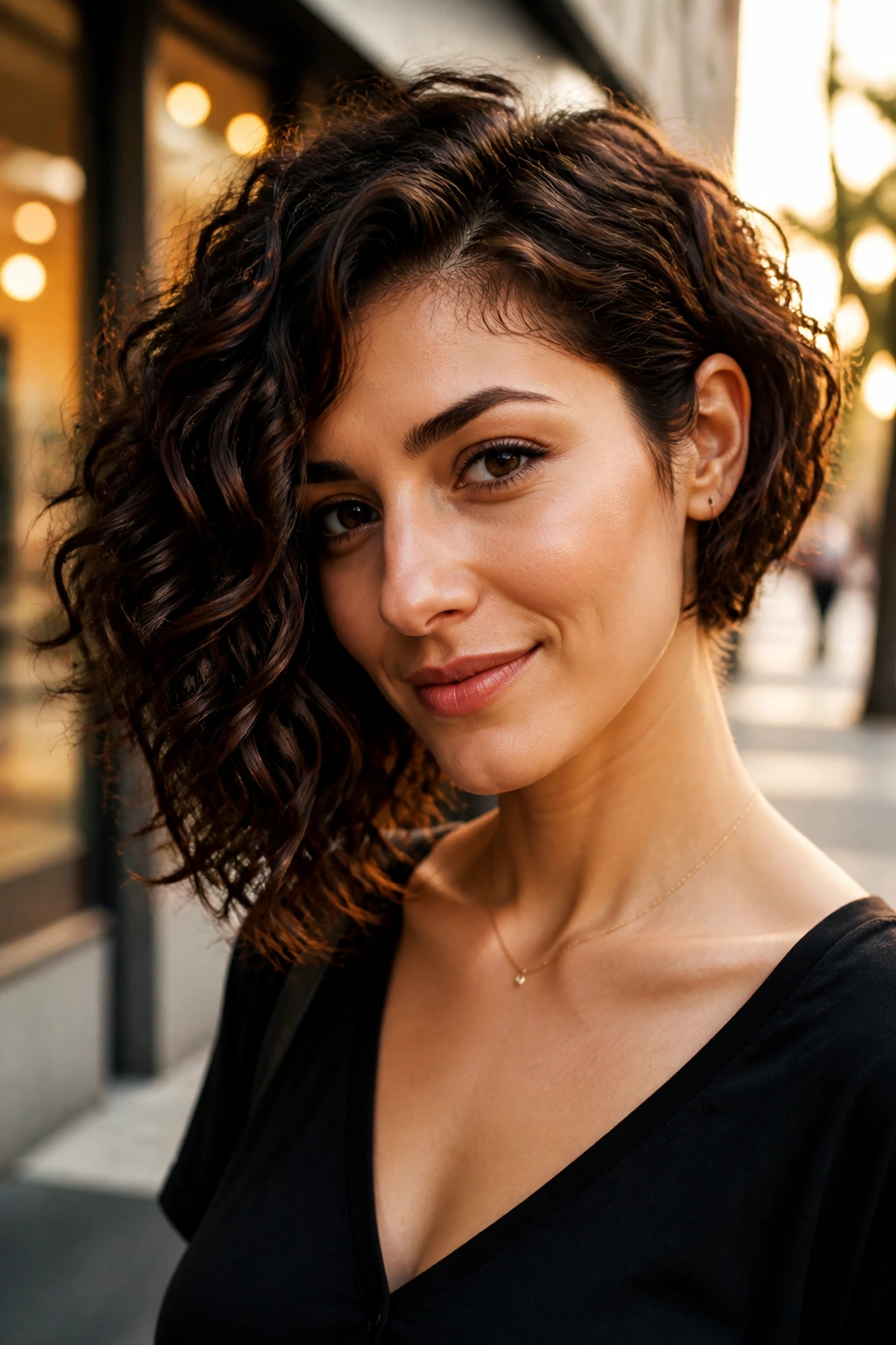 Real person with asymmetrical curly bob and deep brown contrast