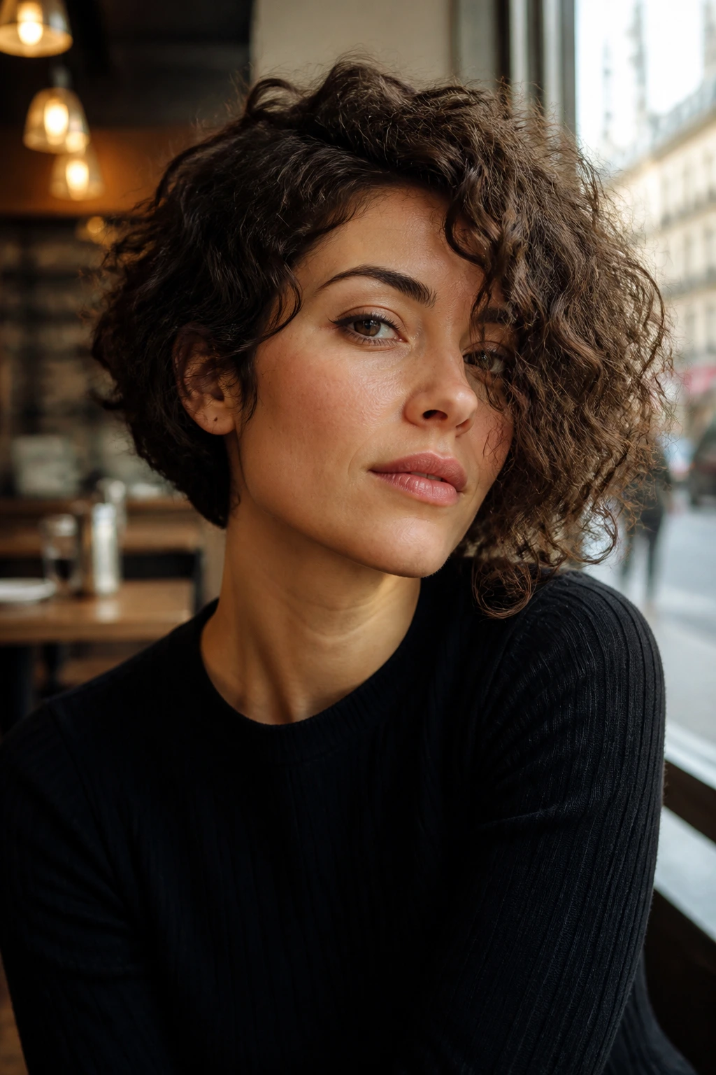 Real woman with asymmetrical curly bob in soft cafe daylight