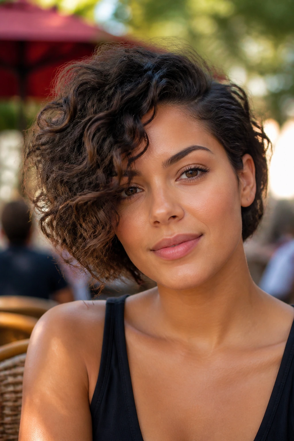 Close-up portrait of a real woman with an asymmetrical curly bob and one-side swing