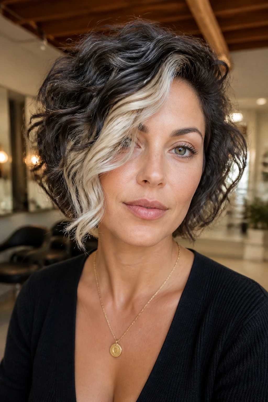 Close-up of a real woman with an asymmetrical curly bob and platinum front slice.