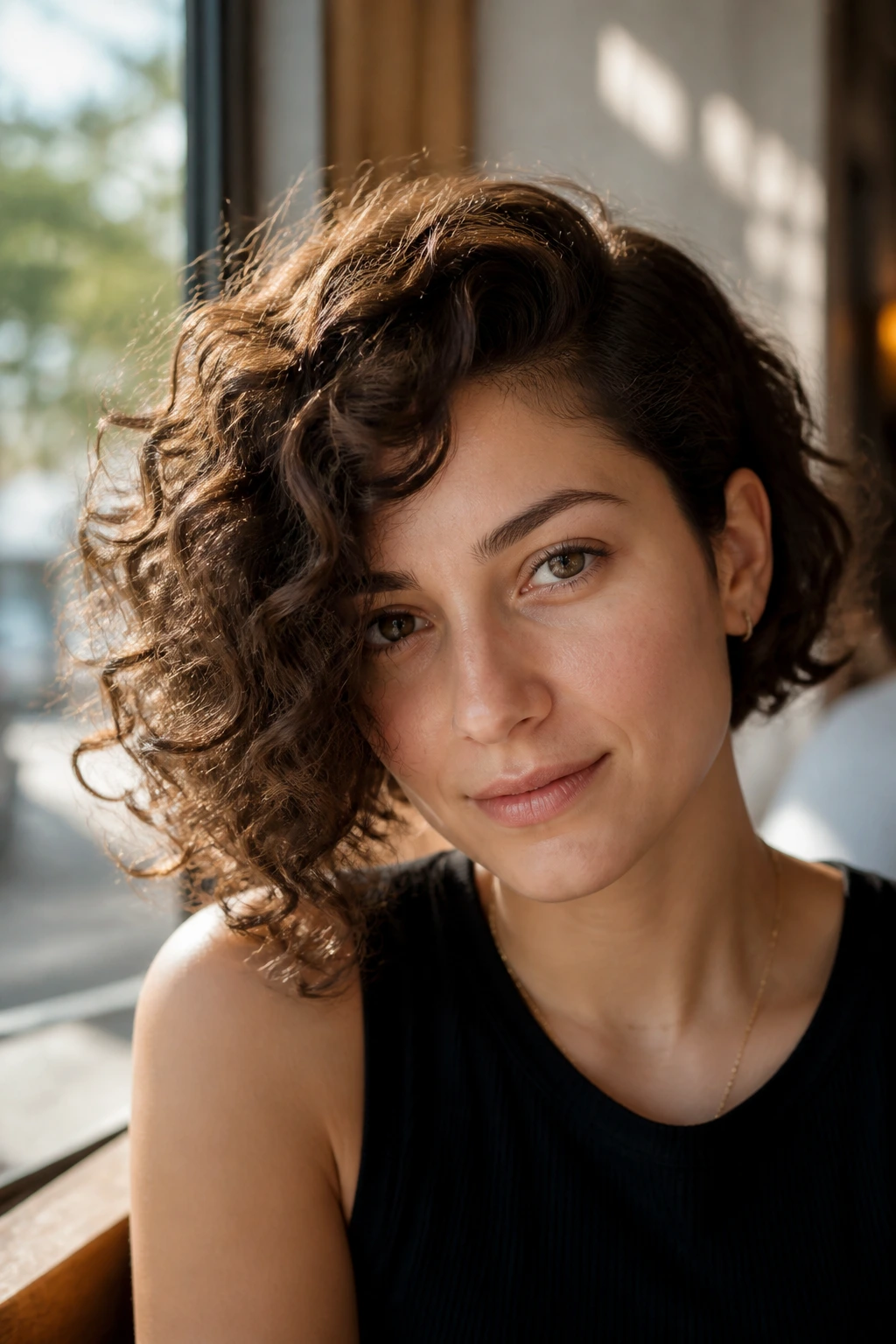 Close-up of a real woman with an asymmetrical curly bob showing one side longer.