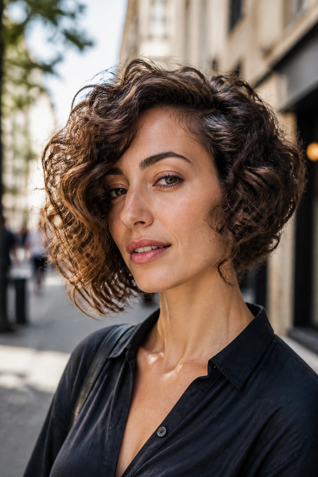 Close-up portrait of a person with an asymmetrical curly bob hairstyle.