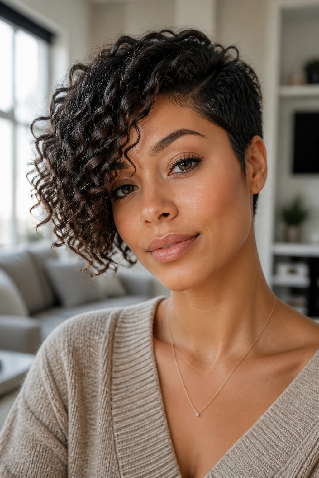Close-up portrait of a real person with an asymmetrical curly bob