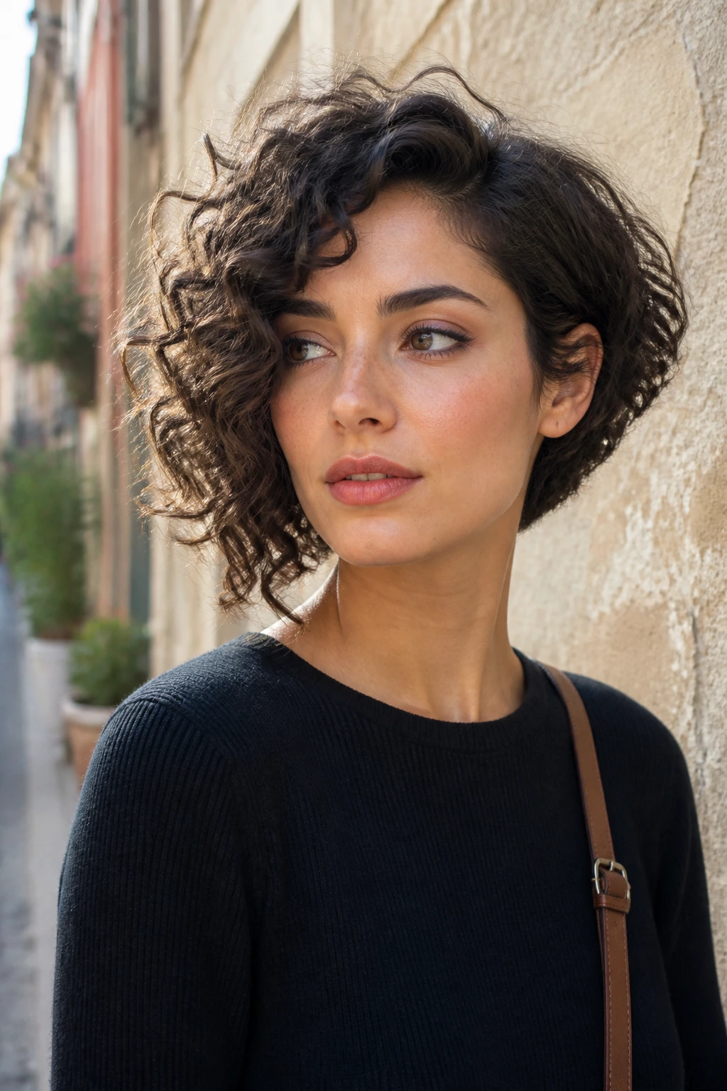 Portrait of a real person with an asymmetrical curly bob showing a longer side and a shorter lifted side.