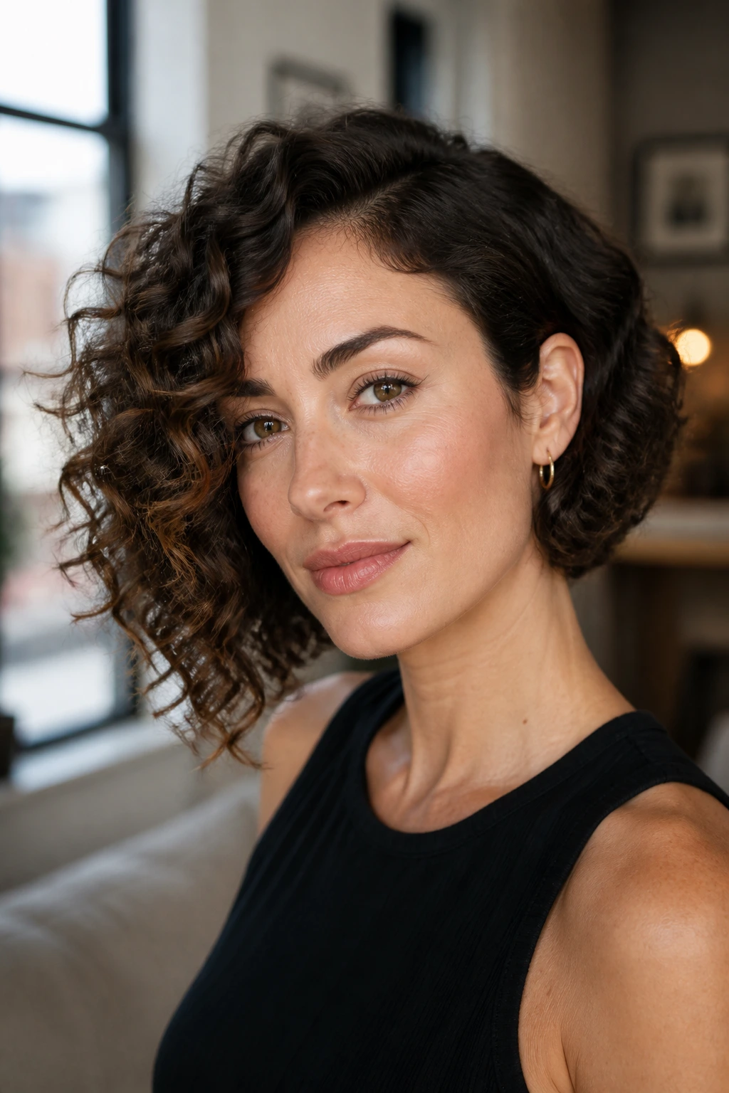 Portrait of a real woman with an asymmetrical curly bob and slightly longer side.