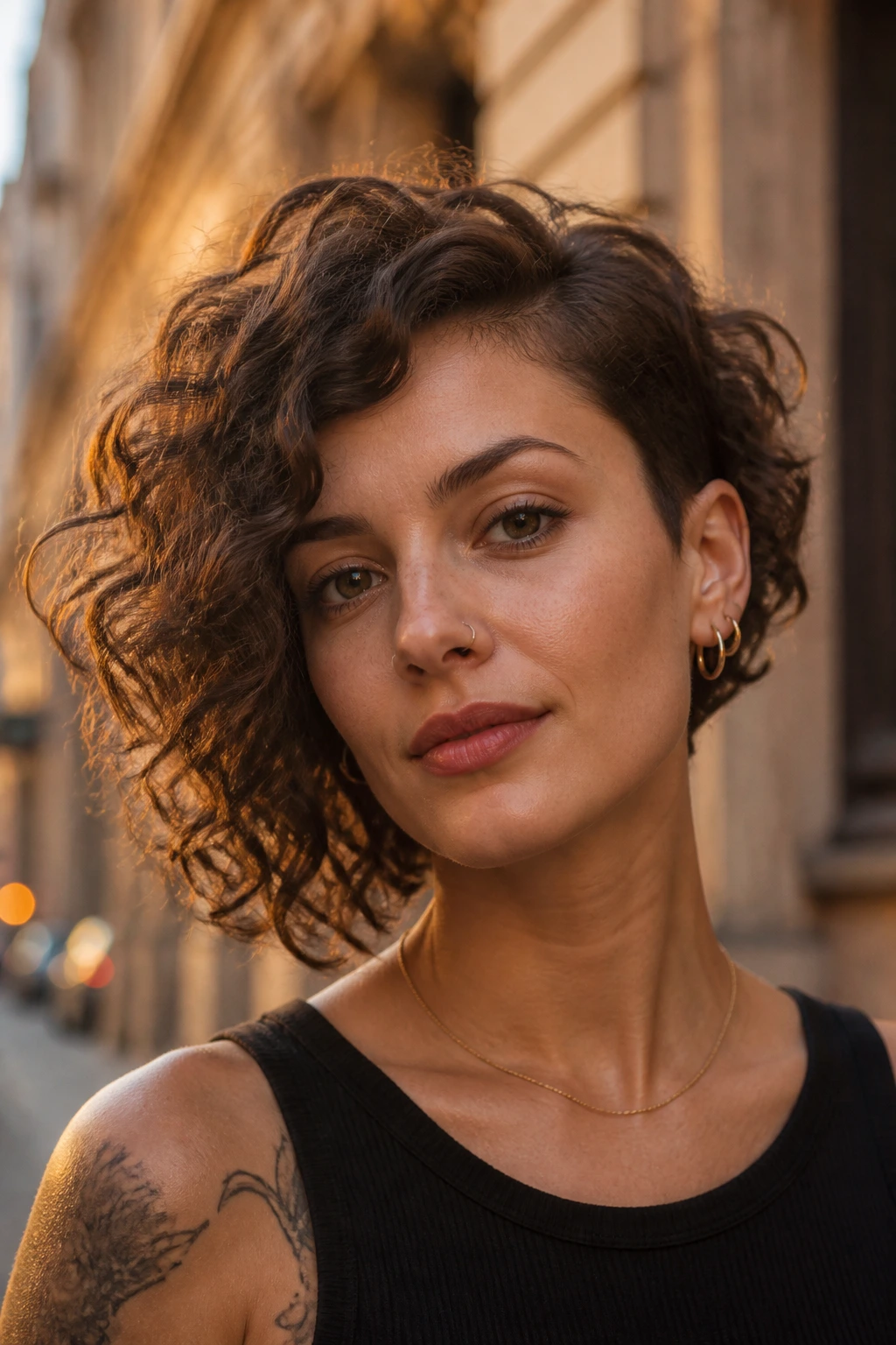 Portrait of a woman with an asymmetrical curly bob, longer side and shorter side